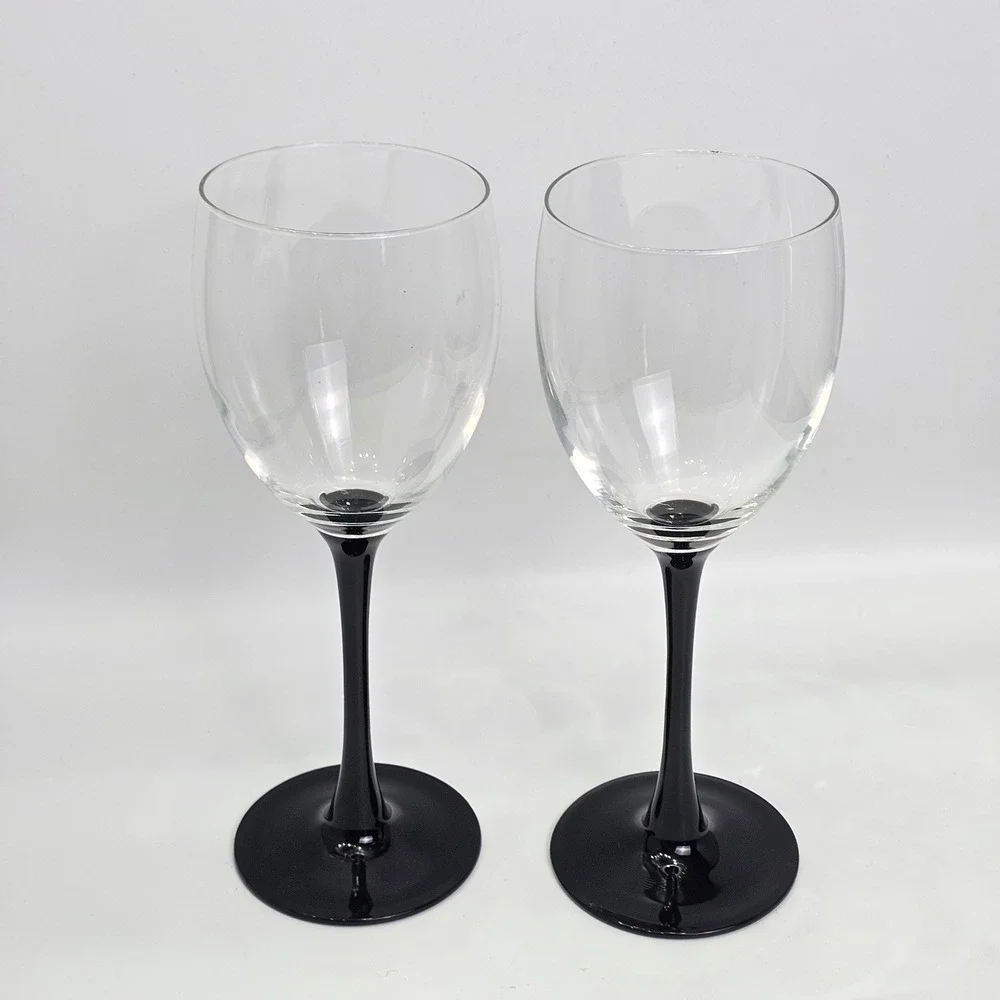 Vintage Luminarc Domino Black Stem Wine Glasses Set of 2 France Clear Bowl 8